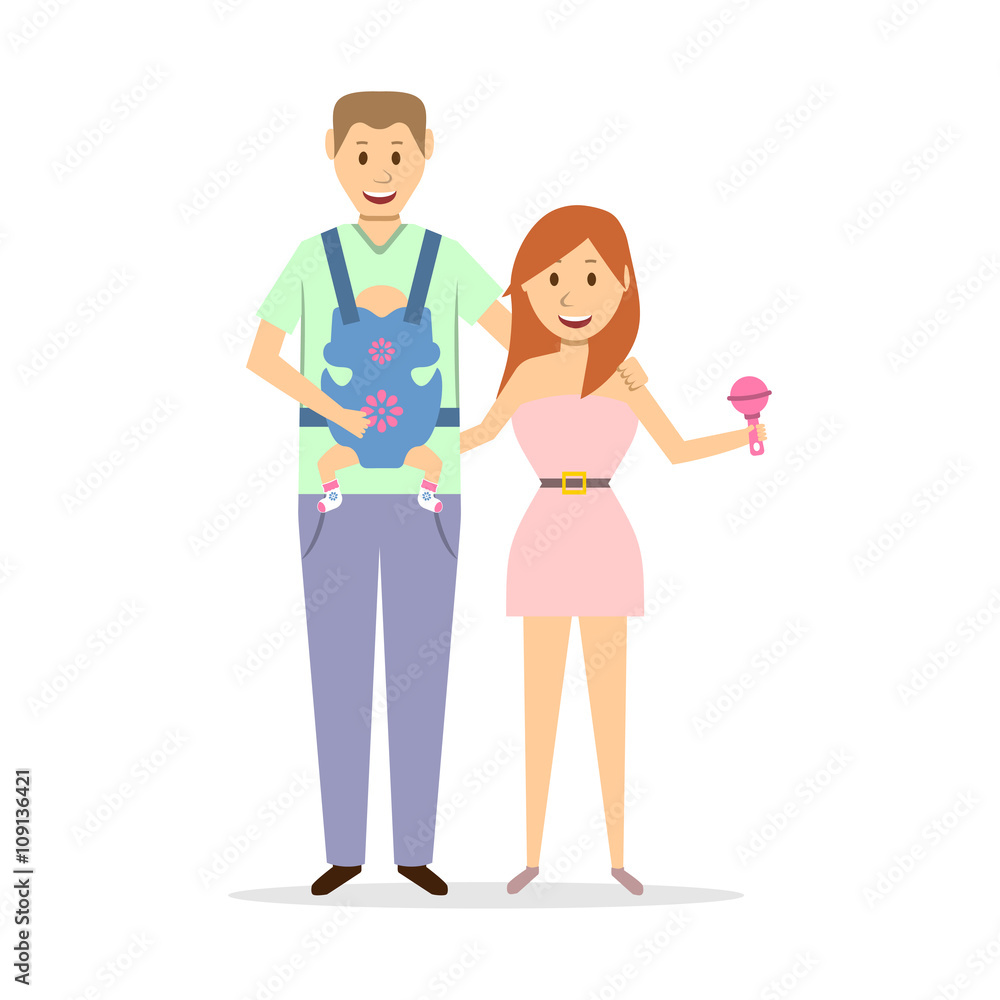 Happy young family with baby. Vector illustration in flat style.