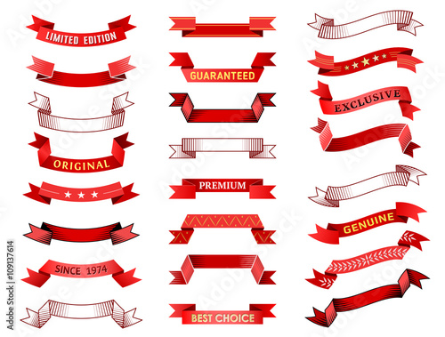 Set of vintage red ribbon banner. Vector collection of ribbon scroll and curled label. Qualitative vector element for design, badges, awards, advertisement, labels, etc