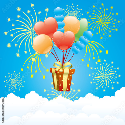 Balloons, firework and gift box.