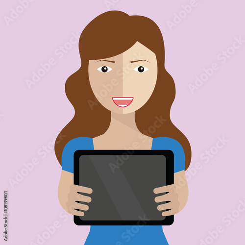 Young smiling pretty woman holds a tablet pc in her hand