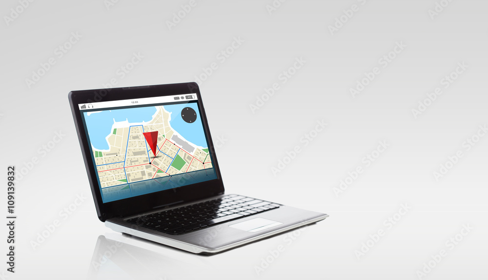 laptop computer with gps navigator map on screen laptop computer with gps navigator map on screen