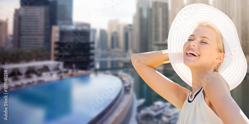 Photography happy woman enjoying summer over dubai city