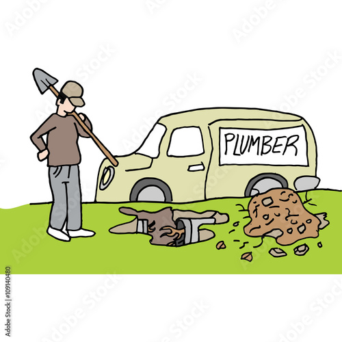 plumber digging up clogged underground pipe