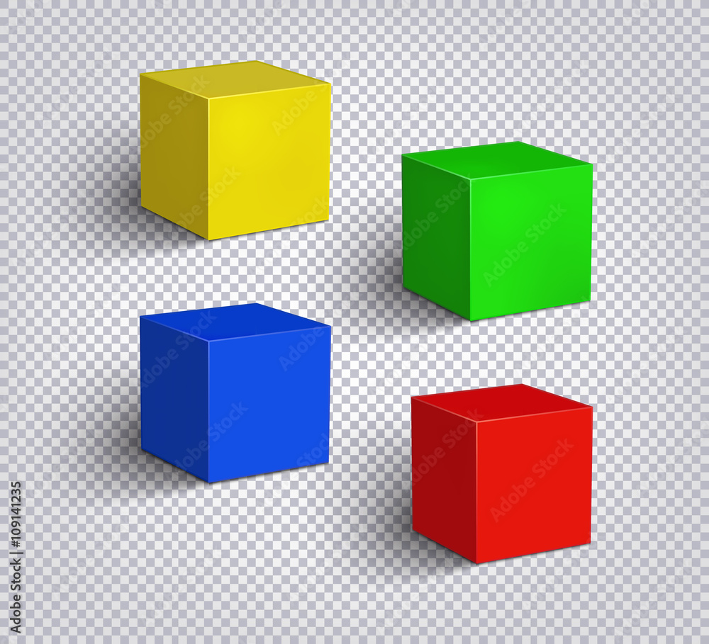 Fototapeta premium Set of multicolored empty cubes on a checkered background. 3D illustration. Isolated objects with soft shadow