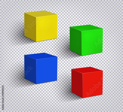 Set of multicolored empty cubes on a checkered background. 3D illustration. Isolated objects with soft shadow 