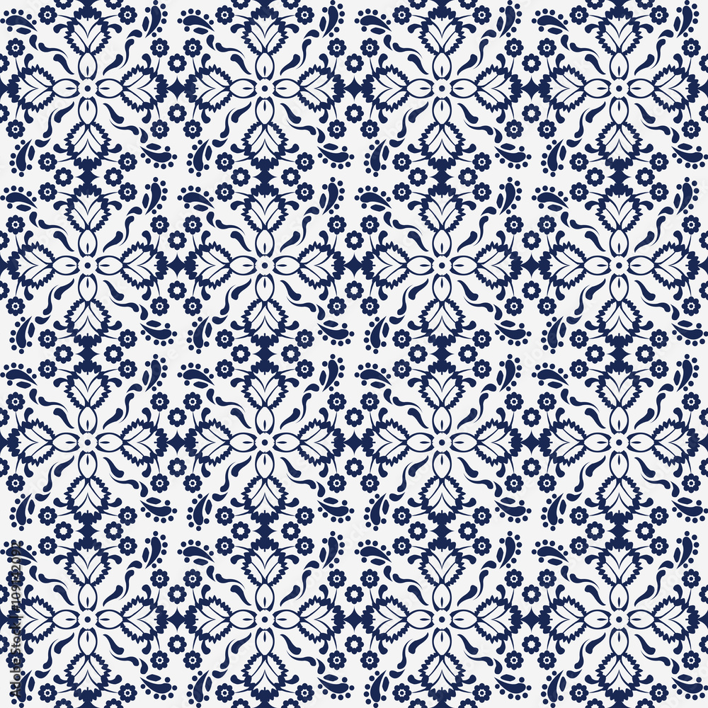 Seamless background image of navy blue cross flower kaleidoscope