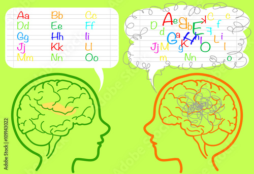 The brain of a dyslexic boy is confused about letters. Vector illustration.