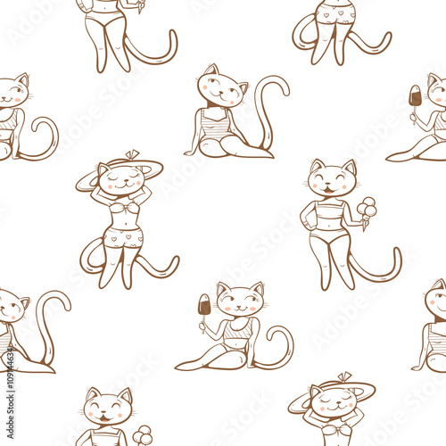 Summer seamless pattern with cats in bikini. Cute cartoon cats on the beach eating ice cream. Vector image.