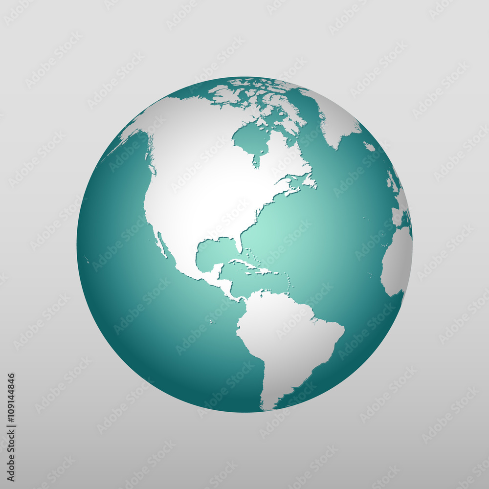 Vector globe icon showing earth with continents South and North America on light grey background