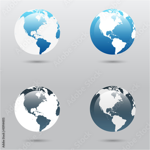 Vector globe icons showing earth with continents South and North America on light grey background