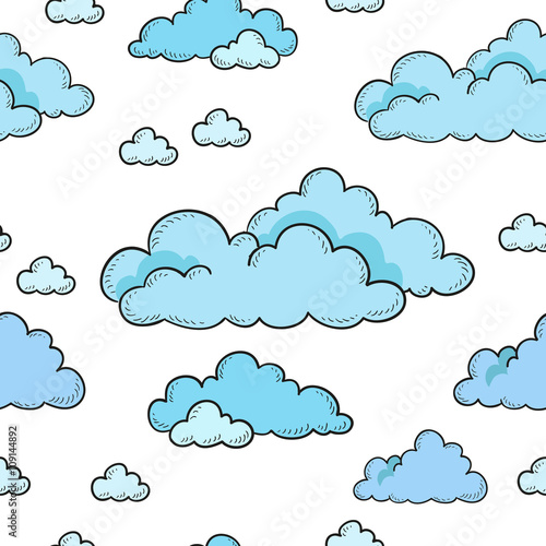 Seamless pattern blue clouds on a white background.