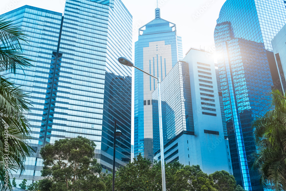 Fototapeta premium High-rise office buildings against sunbeam