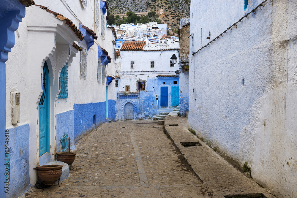 View of a street in the town of Chefchaouen in Morocco