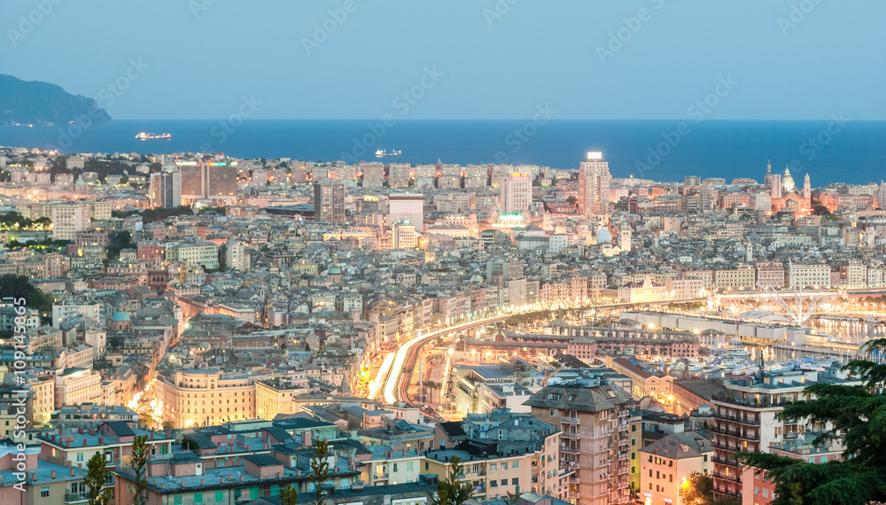 Aerial view of Genoa during the blue hour