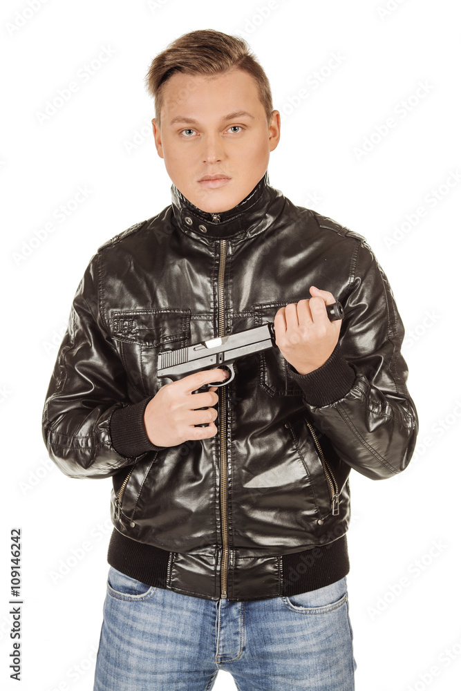 assassin aims his pistol on white background assassin aims his pistol on white background