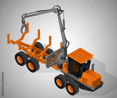 Vector isometric illustration of a forwarder , forestry vehicle that carries big felled logs from the stump to a roadside landing. Equipment for forestry industry.
