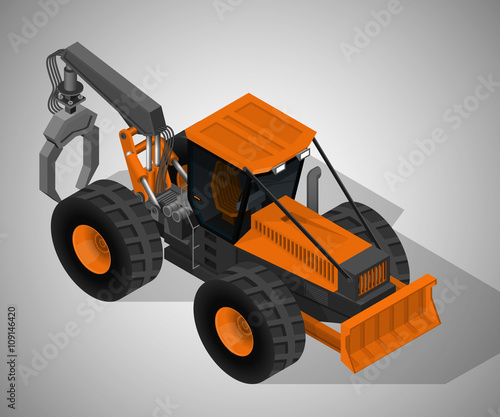 Vector isometric illustration of a skidder , heavy forestry vehicle for pulling cut trees out of a forest and transported from the cutting site to a landing. Equipment for forestry industry.