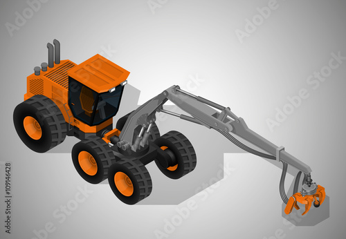 Vector isometric illustration of a rubber-tired forestry harvester. Equipment for forestry industry.
