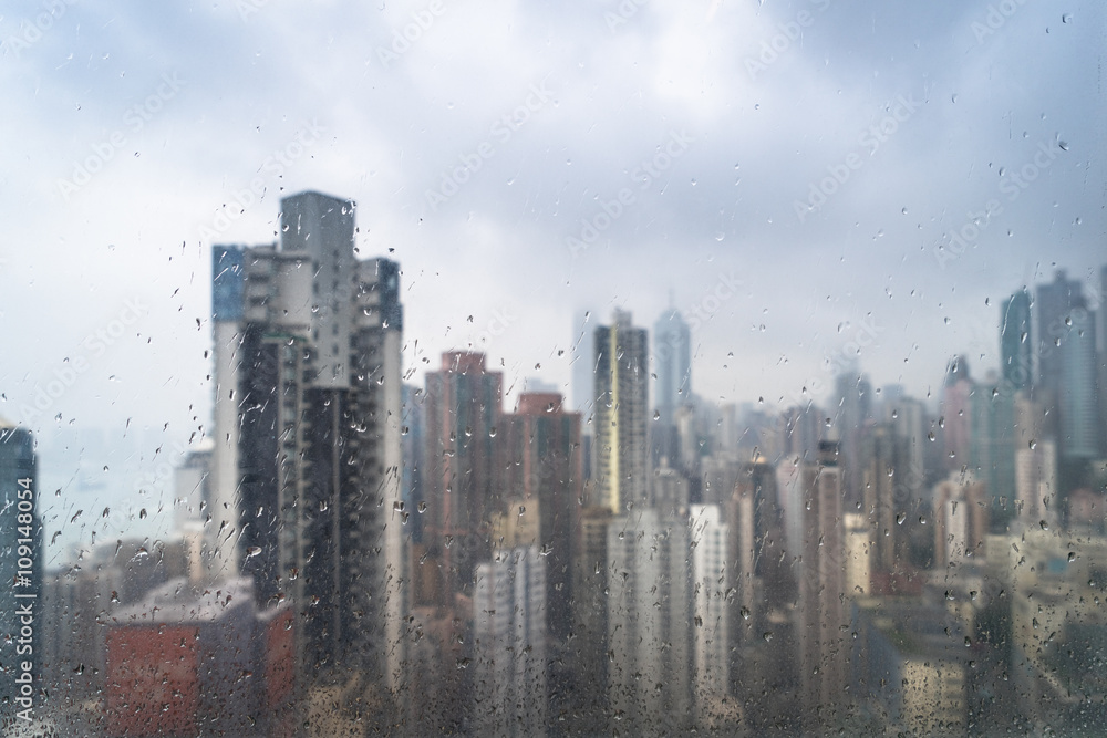 city buildings on a rainy day
