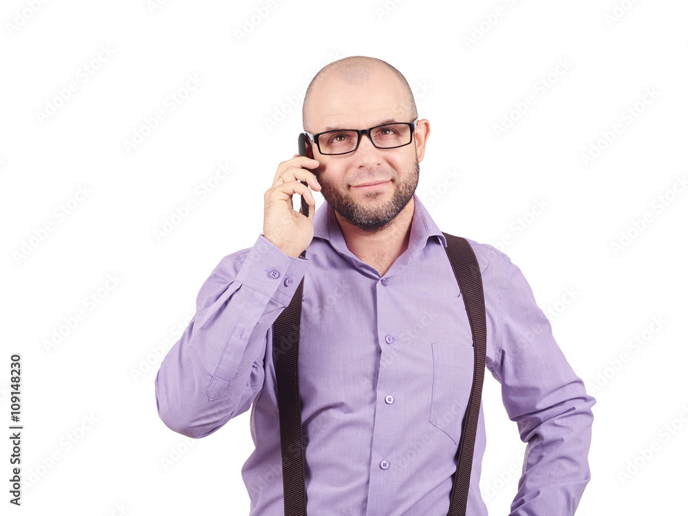 Bald man businessman talking on phone. Bald man businessman talking on phone.