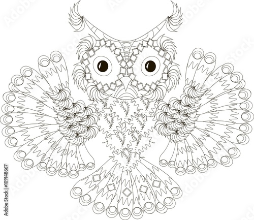 Zentangle stylized flying owl black and white hand drawn  vector illustration