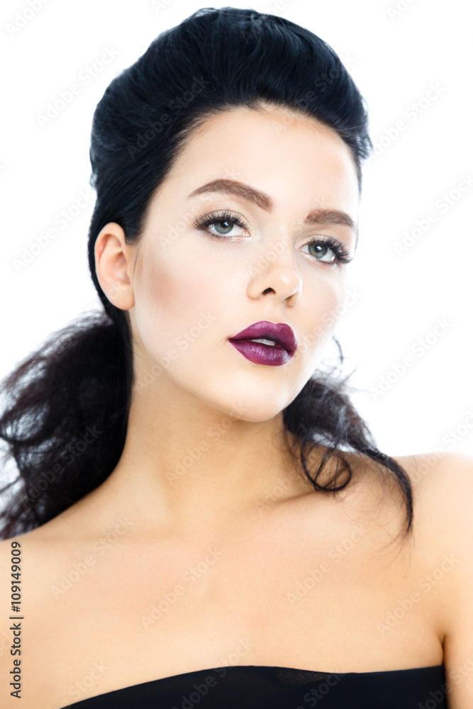 Portrait of Beautiful Brunette Woman. Beauty Luxury Makeup and sexy violet Lips. Portrait of Beautiful Brunette Woman. Beauty Luxury Makeup and sexy violet Lips.