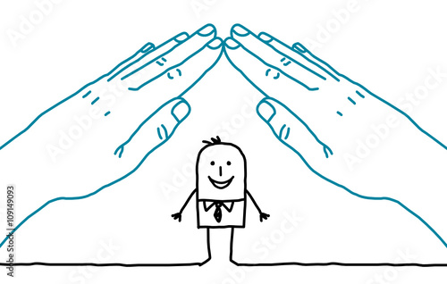 big hands and cartoon businessman - roof