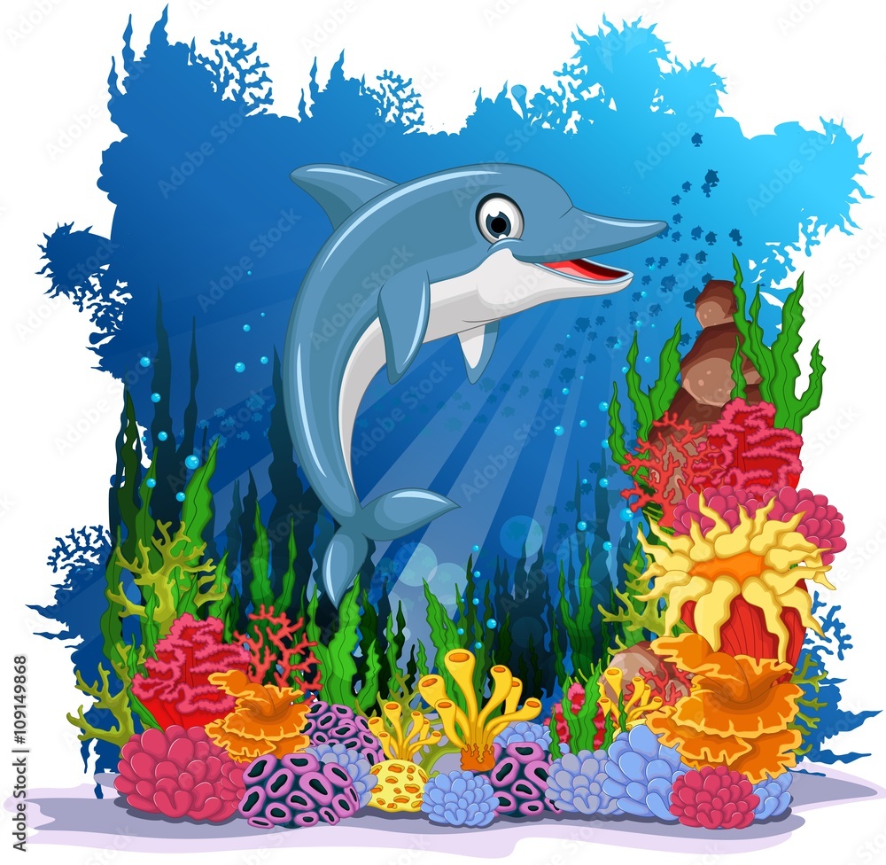 Fototapeta premium dolphin cartoon with corals background