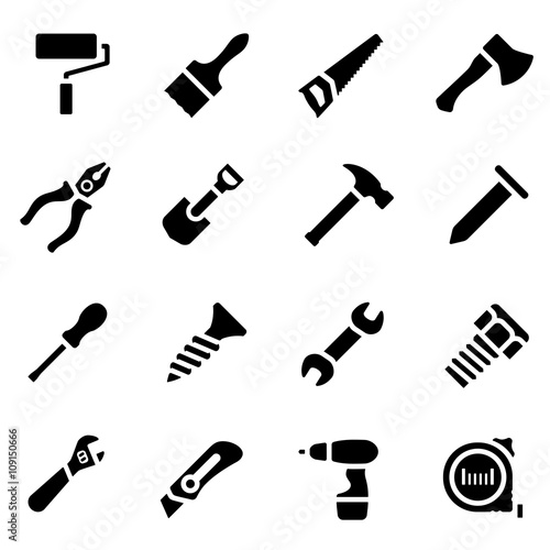 Vector illustration. Icon set of black simple silhouette of work tools in flat design. For info graphic, web banners, promotional materials, presentation templates and your interface