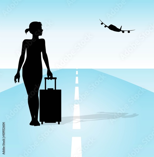 silhouette di ragazza in partenza e aereo sullo sfondo