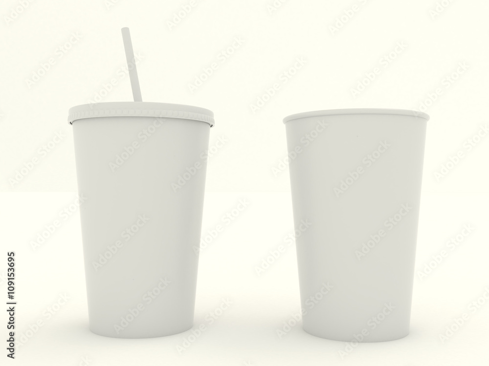 Several different paper cup set with white blank for design. Isolated on background. High resolution 3d illustration Several different paper cup set with white blank for design. Isolated on background. High resolution 3d illustration