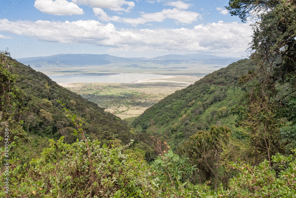 Naklejka premium View on huge Ngorongoro caldera (extinct volcano crater) with large lake from cleft against blue sky background. Great Rift Valley, Tanzania, East Africa. 
