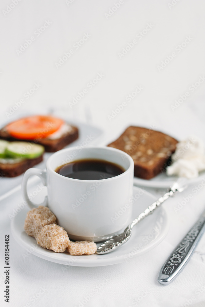 Wholesome Breakfast with vegetarian sandwiches and coffee