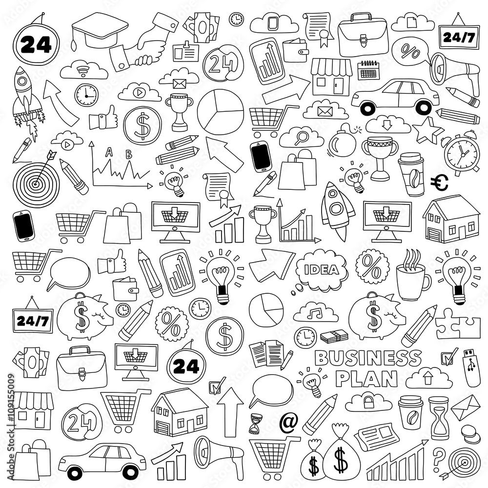 Vector set of doodle business icons on white paper Vector set of doodle business icons on white paper