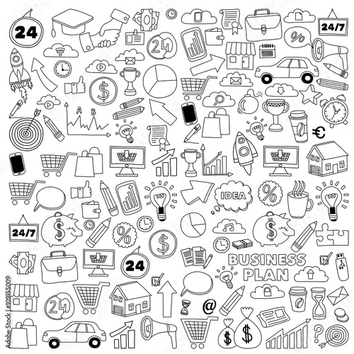 Vector set of doodle business icons on white paper