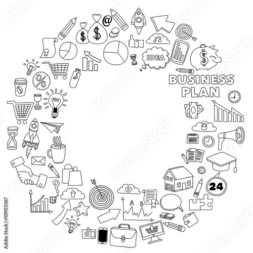 Vector set of doodle business icons on white paper