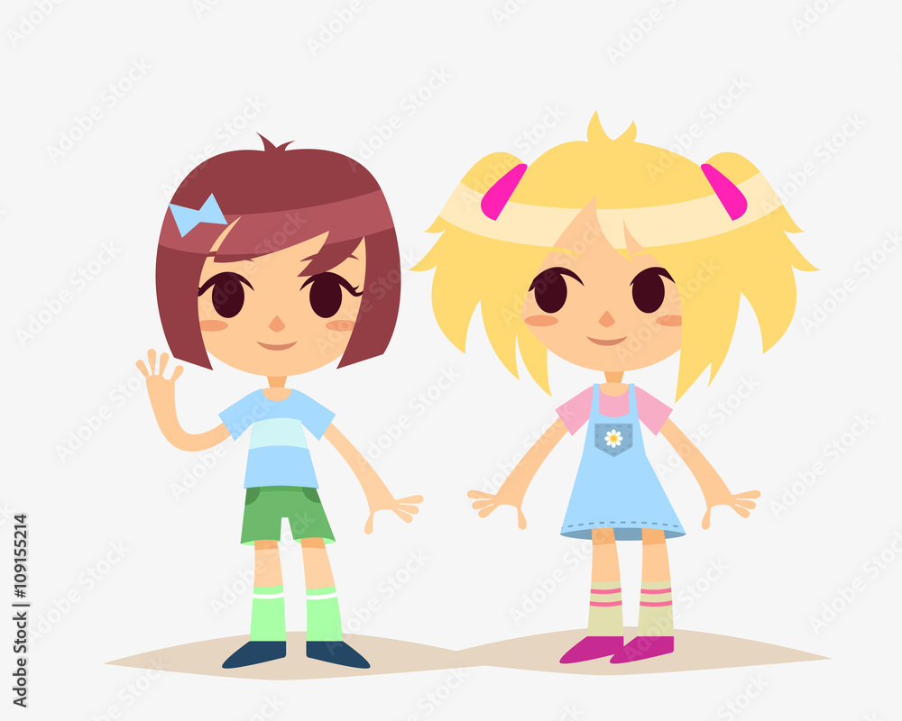 Cute Cartoon kids isolated. Girls. Vector illustration.