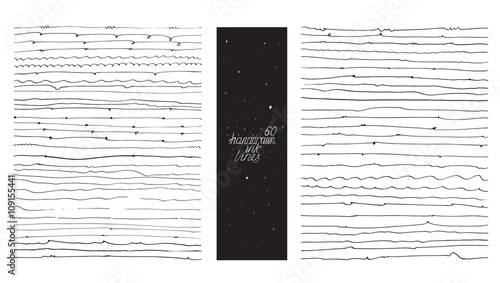 Set of 60 thin lines, made with hand and ink, freehand, ornated, with loops, flourishes, nib blobs. Vector black and white illustration, good for creative designs, drawn with imperfections.