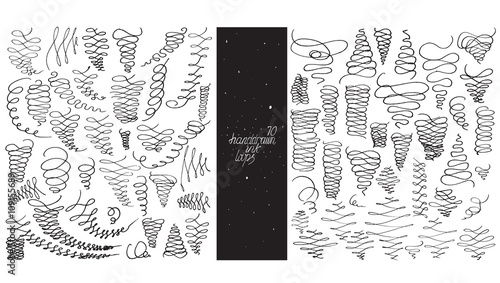 Set of 70 loop flourishes, made with hand, nib and liquid ink, freehand, ornated in different directions. Vector black and white illustration, good for creative designs, drawn with imperfections.