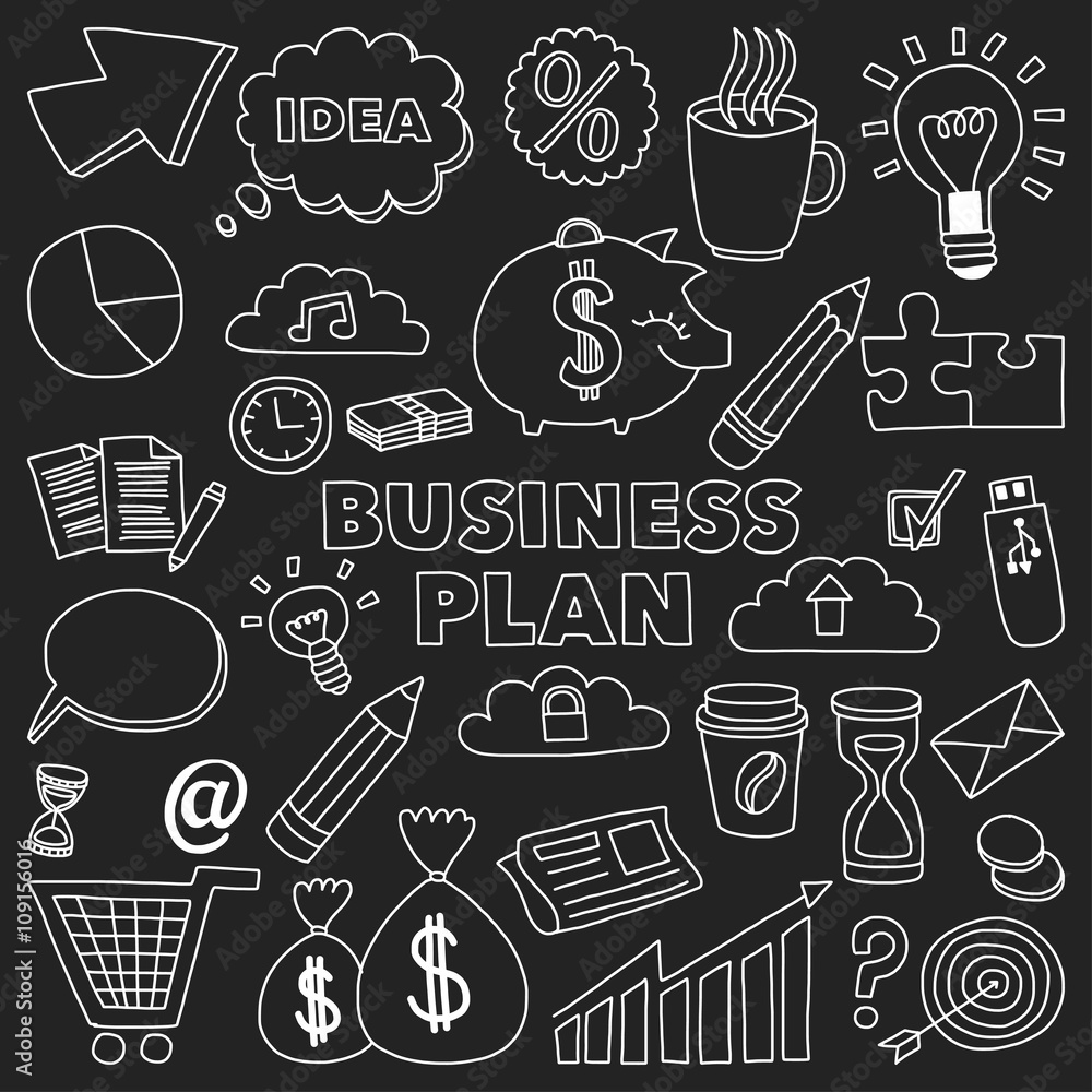 Fototapeta Vector set of doodle business icons on blackboard