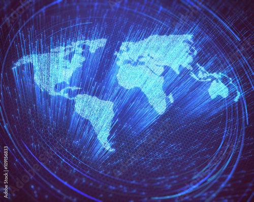 Optical fibers lit in the shape of the world map. 3D image concept of global communication by optical fiber.