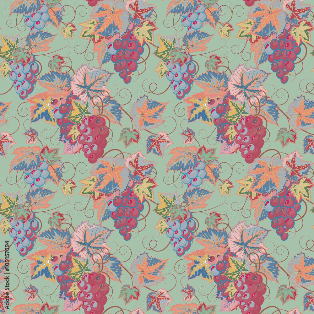 Seamless pattern with branches, leaves and berries of grapes on a black background. Vector.