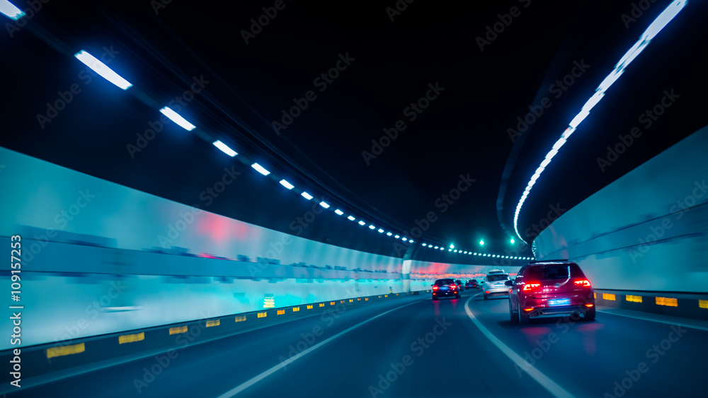 car driving through tunnel - obrazy, fototapety, plakaty 