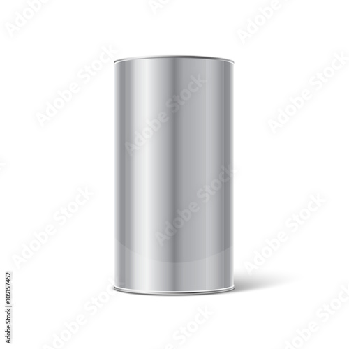 Mockup of Stainless steel Blank Tin Can packaging on white background. Empty