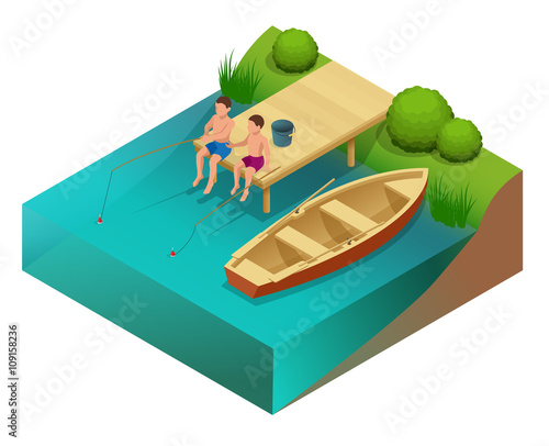 Little boys fishing in a river. Sitting on a wood pontoon. Flat 3d vector isometric illustration