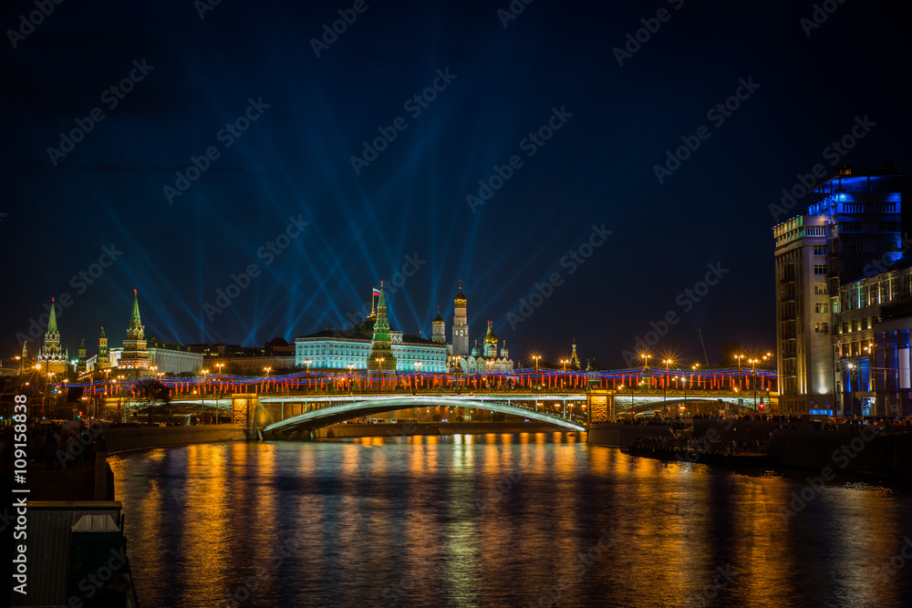 Beautiful night view of the Kremlin from the Moscow river