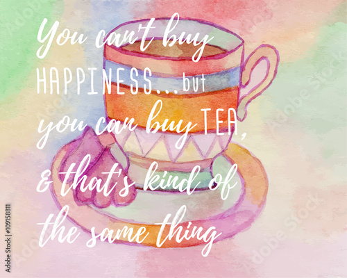 Watercolor card with cup of tea and marshmallow