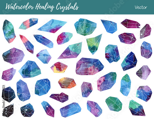 Watercolor, vector gemstones, healing crystals