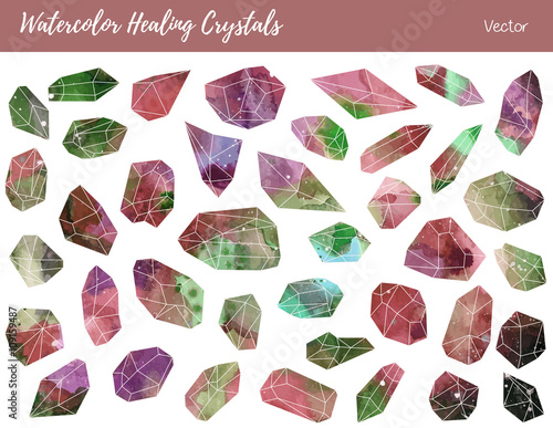 Watercolor, vector gemstones, healing crystals