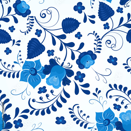 Blue and white gzhel style seamless vector pattern.